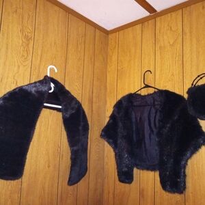 Mink stole, rabbit quarter jacket and rabbit clutch